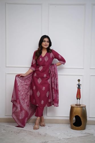 Image of GoSriKi Women's Rayon Viscose Straight Printed Kurta with Pant & Dupatta