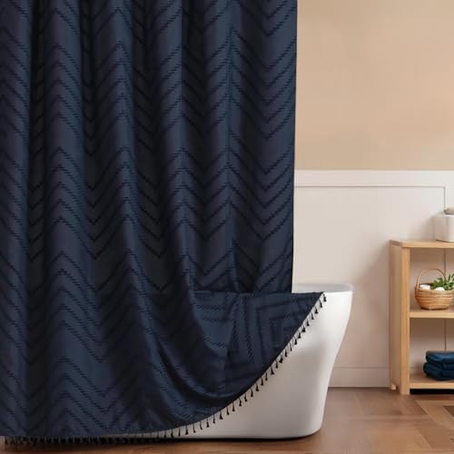 Image of Inhousolu Boho Woven Fabric Shower Curtain, Tufted Textured Chevron Striped Tassel, Modern Farmhouse Cloth, Waterproof Washable Curtain for Bathroom Hotel (Navy Blue, W 72" x L 72" (1 Panels))