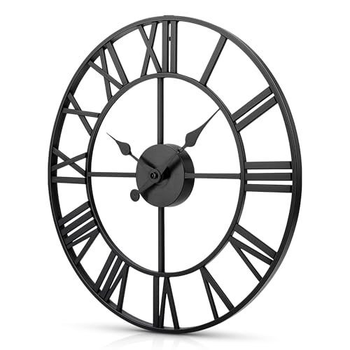 BLADO Large Black Wall Clock for Living Room - Elegant Silent Design With Roman Numerals for Indoor & Outdoor - Vintage Style for Kitchen, Bedroom and Garden