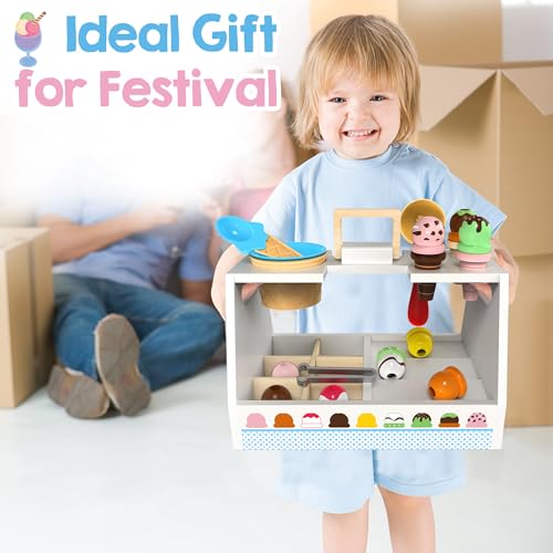 Wooden Ice Cream Toy for Kids, 33 PCS Pretend Play Food for Toddlers 3-5 Portable Ice Cream Stacking Toy, Montessori Toddler Toy Kitchen Playset Gift for Ages 3+ - Thumbnail 7
