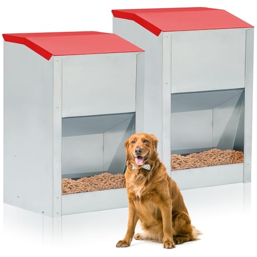Willinglong 2 Pcs 40 Lbs Large Automatic Dog Feeders with Handle Acrylic Panel Galvanized Gravity Feeder Outdoor Hanging for Doggie Breed Dog Food Dispenser Container (Red, No Wheels)
