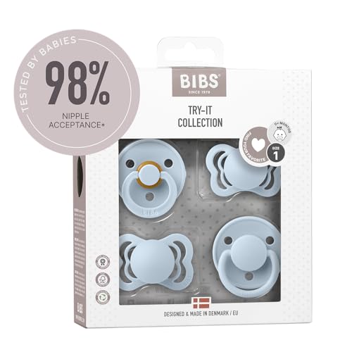 Image of BIBS Try-It Collection | 4-Pack Soothers | BPA-Free Round, Anatomical & Symmetrical Nipple | Natural Rubber Latex/Silicone | Made in Denmark | 0-6 Months | Baby Blue