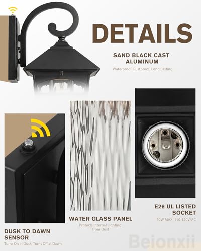 Image of Beionxii 15Inch Outdoor Wall Light Fixtures, Large Outdoor Wall Lantern | Dusk to Dawn Cast Aluminum Outdoor Porch Lights,Black Exterior Wall Lighting for Patio,Front Door,Coastal,120V,BX-OD04-WL-15S