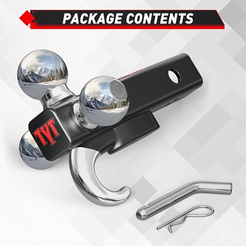 Image of TYT Trailer Hitch Tri Ball Mount with Tow Hook,Fits 2 inch Receiver,Triple Balls (1-7 /8 inch, 2 inch, 2-5 /16 inch),10,000 lbs GTW,1,000 lbs TW,with Hitch pin