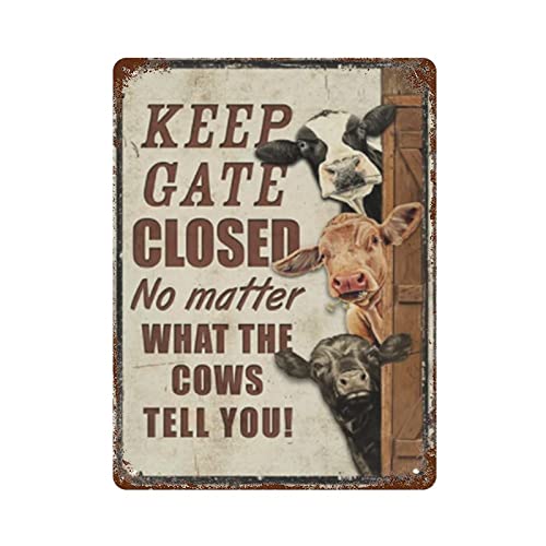 DJNGN Cows Farm Keep Gate Closed Metal Sign Vintage Aluminium Plate Sign Iron Painting Tin Poster Sign for Bar Men Cave Cafe Outdoor Garage Home Wall Decor Gifts