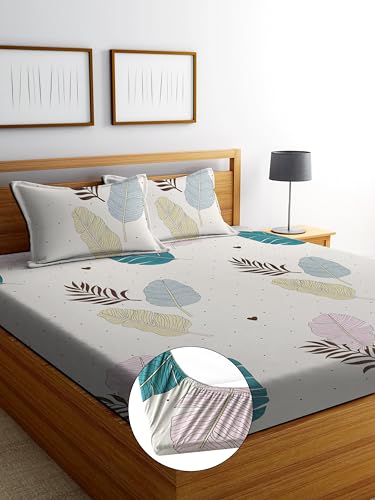 Image of DECORUM Glace Cotton Fitted 1 Bedsheet King Size (72 inchx78 inch) | All Around Elastic | Cotton Feel | 2 Pillow Covers (17 inchx27 inch) | Fits Up to 8 inch Mattress | 200-220 TC | Printed Double Bed Sheet Set