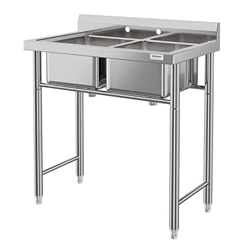RIEDHOFF Stainless Steel Utility Sink with Drainboard,[Wide Compartment] [Double Bowl] Commercial Kitchen Sink for Laundry, Backyard, Garage, Restaurant, Outdoor 18" L x 16" W x 9" H
