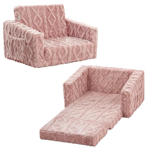 MallSingel Toddler Couch for Girls, 2-in-1 Pink Kids Fold Out Couch with Flip Open Sofa Lounger, Soft Flannel Kids Sofa Chair for Playroom Bedroom