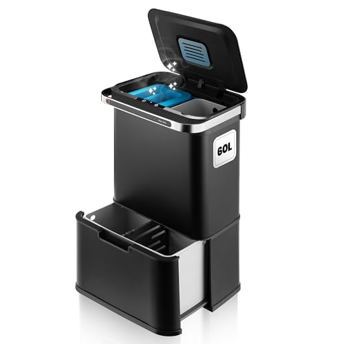 Hom&Com – Cubo de Basura Reciclaje 60L – Papelera Automática de Cocina con Sensor – 3 Compartimentos, Ozonizador, Soft-Close y Filtro Antiodor (Negro)