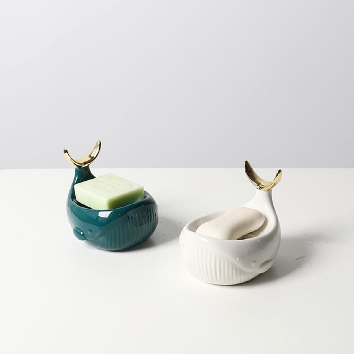 Ceramic Whale Soap Holder No Drilling Bathroom Soap Dish with Drainage for Shower and Sink Use White Porcelain