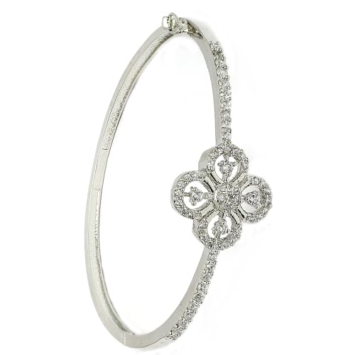 Image of ZENEME Rhodium-Plated Silver Tone American Diamond Floral Openable Kada Bracelet for Girls | White Floral CZ Studded Designer Hinged Bracelets For Women