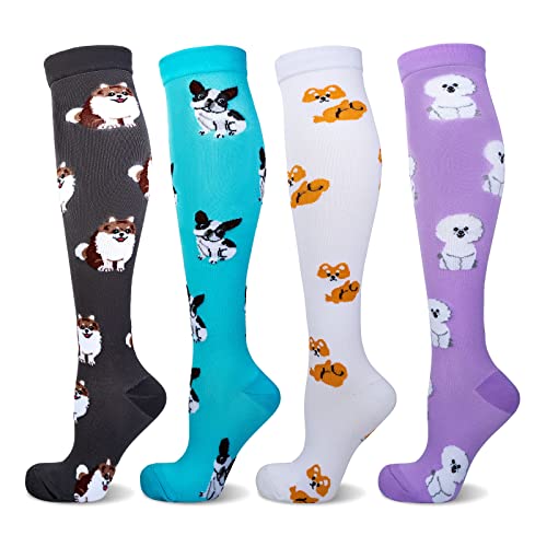 LEOSTEP Calcetines de compresión para hombres y mujeres (4 pares) antideslizantes de tubo largo, ideales para correr, viajes, vuelo