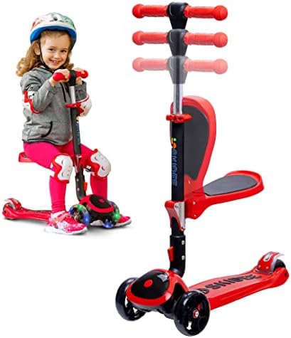 Kick Scooters for Kids Ages 3-5 (Suitable for 2-12 Year Old) Adjustable Height Foldable Scooter Removable Seat, 3 LED Light Wheels, Rear Brake, Wide Standing Board, Outdoor Activities for Boys/Girls