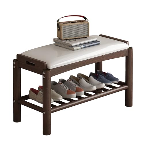 Banc à chaussures avec coussin et double étagère en bois massif pour optimiser votre entrée
