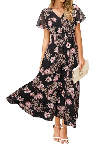 Image of Simplee Womens Floral Maxi Dress - Short Sleeve Summer Boho Wedding Guest Dress Empire Waist Chiffon Modest Midi Dresses