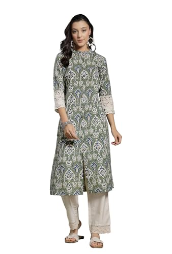 Image of Pistaa's Women's Cotton Regular Fit A Line Regular A-Line Printed Cutwork Sleeve Kurta