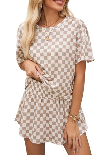 Opemiby Womens Summer 2 Piece Outfits Casual Short Sleeve T Shirt and High Waist Skort Skirt Matching Lounge Set Brown M