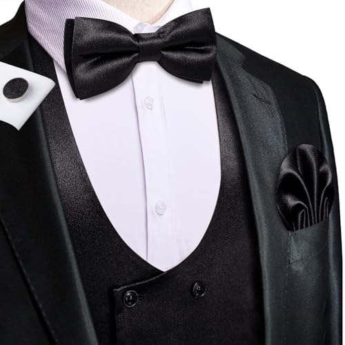 Hi-Tie Mens Satin Double-Breasted Suit Vest Tie Pre-tied Bowtie Pocket Square Cufflinks Slim Fit Wedding Business Waistcoats2