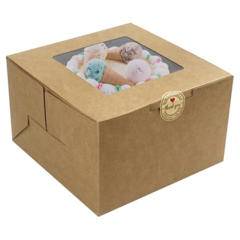 Salome Idea 25PCS Cake Boxes,8x8x5 Inches Brown Square Bakery Boxes with Window Cajas Pasteles for Cake,Pastries,Chocolates,Cookies,Pie,Birthday Party,Wedding,Valentine's Day(Brown) Cover