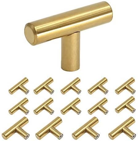 homdiy Gold Cabinet Knobs 15 Pack Cabinet Hardware Knobs Polished Brass - HD201PB Single Hole T Knob with 2in Overall Length Drawer Pulls and Knobs Gold