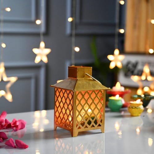 Image of MARKET 99 Metal & Glass Lantern Candle Holder with Yellow Glass | Decorative Hanging & Tabletop Lantern for Diwali, Christmas, Weddings & Festive Home Decor | Golden & Yellow Finish