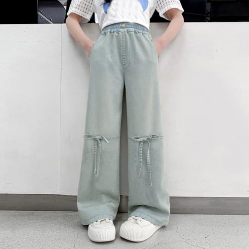 Teen Girls Jeans Wide Leg Wave Stitching Denim Pants with Pocket Baggy Casual Elastic High Waist Fashion Trousers 4-14Y4