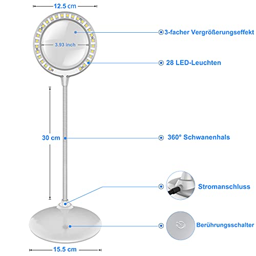 Tonhui 3X Dimmbare Led Lupenlampe, Große Freihändige Lupe Mit Licht und Ständer Zum Lesen Von Senioren Hobbies Crafts Workbench