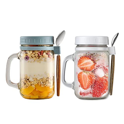 Hniuyun 2 Pack Overnight Oats Jars with Lids and Spoon, 16 oz Airtight Breakfast Jars with Handle, Mason Jars with Lid for Salads Cereal Milk Porridge Fruit