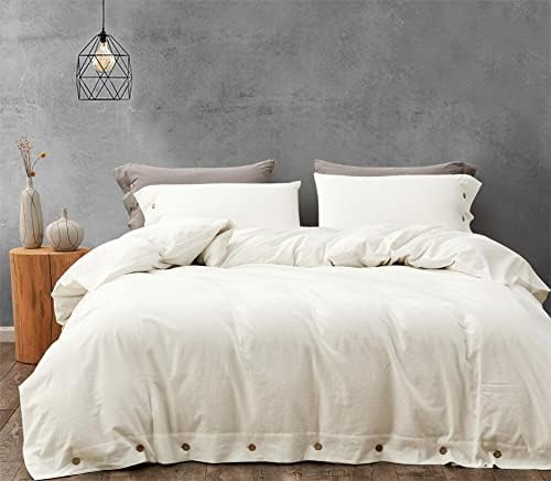 melingo Queen Duvet Covers, White Washed Cotton Duvet Cover Set, Soft, Cooling, Breathable Bedding Collection Set with Buttons Closure. Solid Color Quilt Cover (1 Comforter Cover + 2 Pillow Cases)
