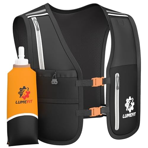 LUMEFIT Chaleco Running Mochila Hidratacion Trail Running con Soporte para Teléfono - 6 Bolsillos y Botella 500ml, Reflectante - Ideal para Senderismo, Maratón, Escalada - para Hombres y Mujeres