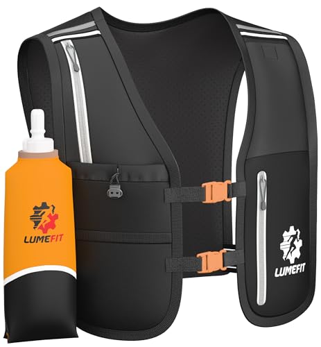 LUMEFIT Chaleco Running Mochila Hidratacion Trail Running con Soporte para Teléfono - 6 Bolsillos y Botella 500ml, Reflectante - Ideal para Senderismo, Maratón, Escalada - para Hombres y Mujeres