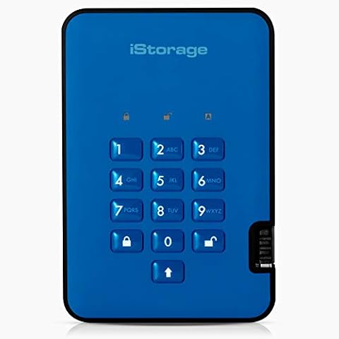 iStorage diskAshur2 HDD 3TB Blue - Bezpieczny przenośny dysk twardy - Chroniony hasłem - Odporny na kurz i wodę - Szyfrowanie sprzętowe