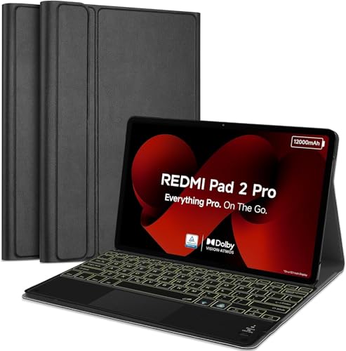 Image of HOM Tri-Fold 7-Colour Backlight Detachable Wireless Bluetooth Keyboard with Trackpad /Touchpad Tablet Cover Case for Xiaomi Redmi Pad 2 Pro 12.1 inch Tablet - Black