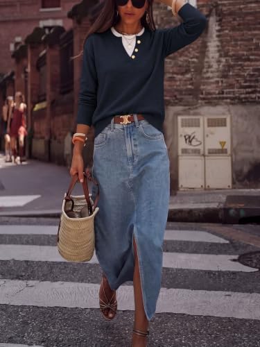 Image of ANRABESS Sweaters for Women 2026 Fall Long Sleeve Lightweight Pullover Tops | 2 in 1 Faux Layer Crew Neck, Cozy Soft Skin Friendly Button Sweater Tops, Business Casual Office Daily Knit Outfit for Winter