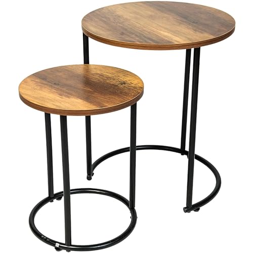 YORKSHIRE HOMEWARE Round Coffee Table Set of 2 | Nesting Table for Small Space, Living Room | Sofa Side Table for Bedroom Black Metal Frame with Solid Oak Wooden Effect, 40D x 40W x 49H centimetres