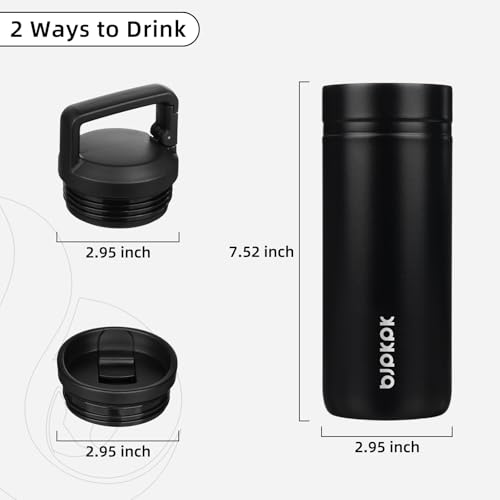Image of BJPKPK 20 oz Insulated Travel Water Bottle, Coffee Tumbler Stainless Steel | Double Wall Vacuum, Leakproof, Thermal, Keeps Hot /Cold, BPA Free, Dishwasher Safe, Spill Proof, Wide Mouth, 2 Lids, Black