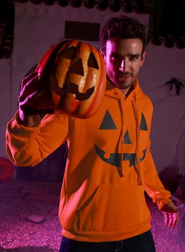 Mainfini Männer Fun Warmes Hoddie Pullover 3D Druck Hoodie Lustig Halloween Komisch Herren Kapuzenpullover Orange-Kürbis L