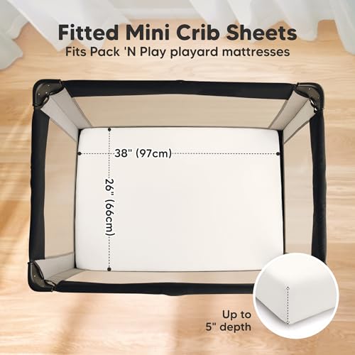 Image of 2 Pack and Play Sheets, Waterproof Mini Crib Sheets Fitted - 38x26 Organic Cotton Pack N Play Sheets for Graco Pack and Play Mattress, Playard Baby Crib Sheets,Neutral for Boy,Girl,Toddler(Soft White)