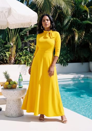 Image of FANDEE Maxi Long Dress Women, Church A Line Bow Tie Neck Casual Dresses | 3 /4 sleeve with pockets, tea party elegant wedding guest semi formal bridesmaid dress, m-3xl, machine wash