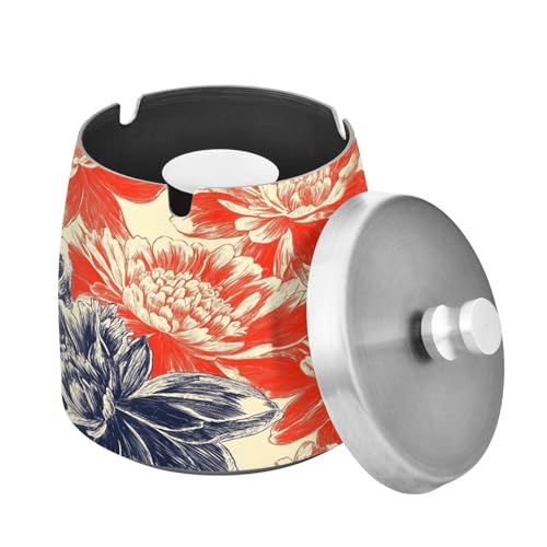 Ewusp Cenicero de peonía para interiores y exteriores, resistente al viento, a prueba de olores, cenicero de acero inoxidable con tapa, cenicero de escritorio para fumar, cenicero de cigarrillos para