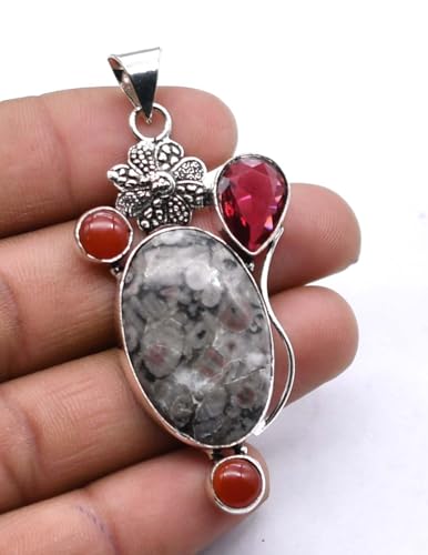 BEADS PLANET JAIPUR Crinoid Fossil & Other Gemstone Ethnic Handmade Pendant Jewelry 3" Z 52 PPP 52