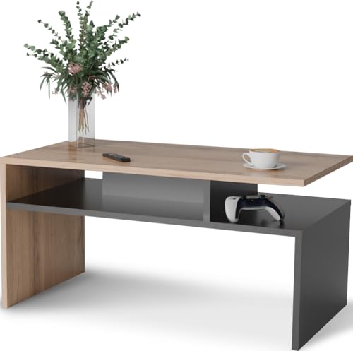 Meble Pitus Couchtisch mit Stauraum ST-4 (Trebia) Wotan Eiche/Schwarz – Moderner Wohnzimmertisch 90×50×45 cm im Industrial Stil – Couchtisch Eiche mit Ablagefach, robuster Sofatisch, pflegeleicht