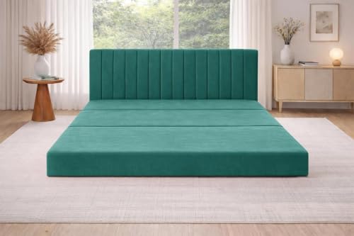 Image of Rosebell -3 Seater Upholstered Armless Sofa Cum Bed with Backrest | Velvet Fabric Finish | Modern Living Room & Bedroom -Green