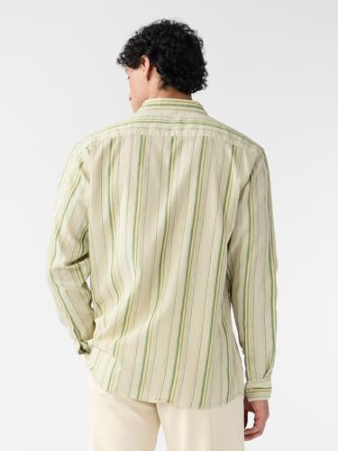 Image of The Souled Store Cotton Linen Stripes: Apricot Men and Boys Long Sleeves Collared Neck Orange Stripes Regular Fit Lightweight Comfortable Summer Cotton Linen Shirts