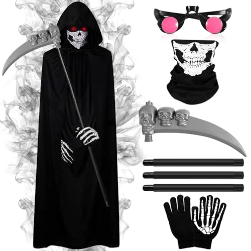 Disfraz de Parca para Halloween, Disfraz de Parca Muerte, Capa con Capucha Disfraz Halloween con Máscara de Calavera,Guantes,Guadaña,Disfraz de Fantasma para Halloween Fiesta,Carnival Costume,Cosplay