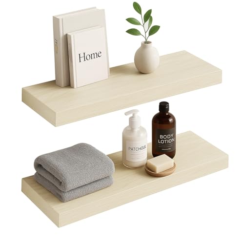 INHABIT UNION White Oak Floating Shelves for Wall, 24 in Wall Mounted Shelves Perfect for Bedroom, Bathroom, Living Room and Kitchen Decoration Storage(Set of 2)