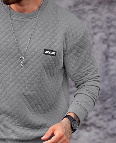 Mens Crewneck Sweatshirt Quilted Geometric Texture Long Sleeve Casual Soild Color Pullover (S-XXL)4