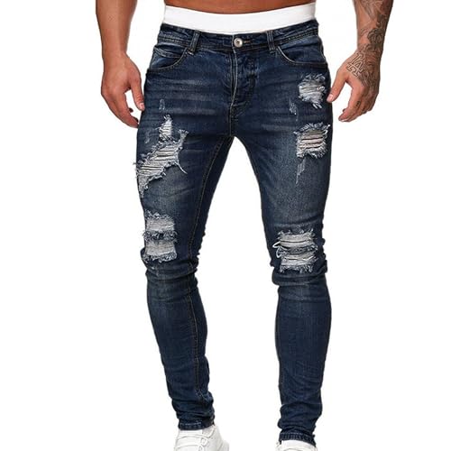 Ripped Jeans for Men Regular Fit Distressed Destroyed Pant Classic Tapered Leg Denim Pants Stretch Washed Skinny Jean