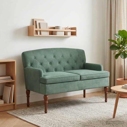 Image of mzdioop Loveseat Two Seater Sea Green with Button Stitching Velvet Upholstered Bench 111 x 65 x 79 cm for Living Room and Bedroom with Sturdy Wood Material Frame and Thick Removable Seat Cushion