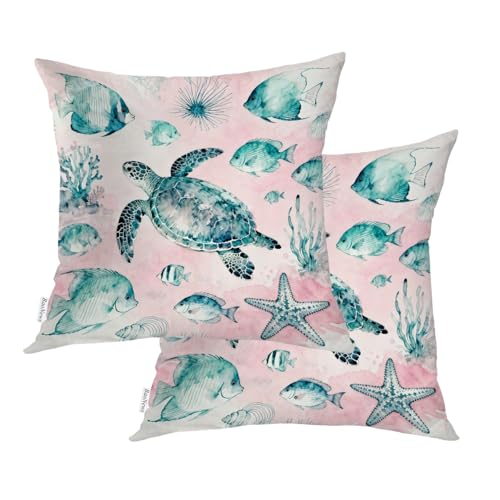 BaoNews Turquoise Blue Nautical Sea Turtle Throw Pillow Covers, Cushion Cases Digital Blended Hidden Zipperl Decorative Pillow Covers Square 18X18 in 2 Pcs